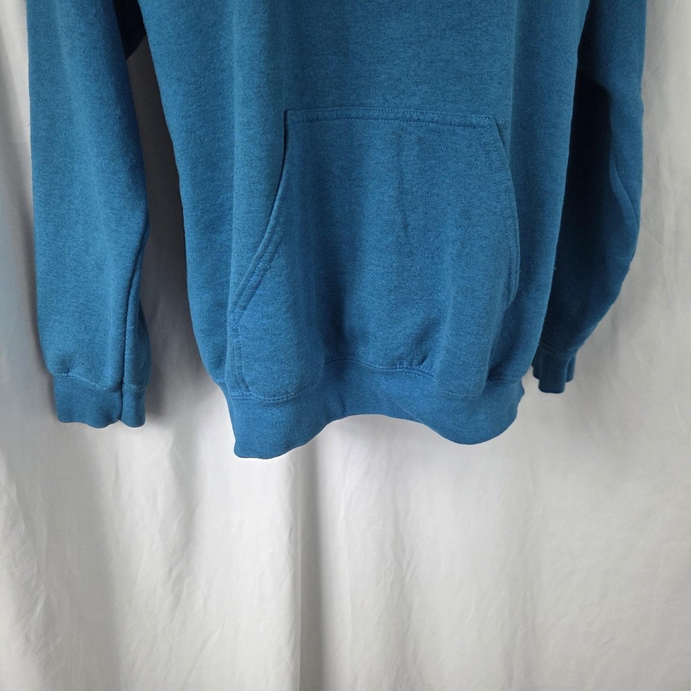 Gildan Hoodie Mens Medium Blue Camp Seely Graphic Fleece Pullover Sweatshirt - Picture 3 of 14